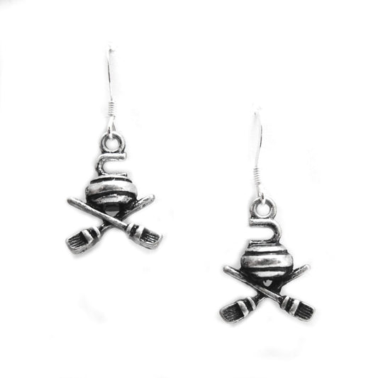 Curling Rock and Broom Earrings with Nickel-free Hooks - Silvertone or Goldplated