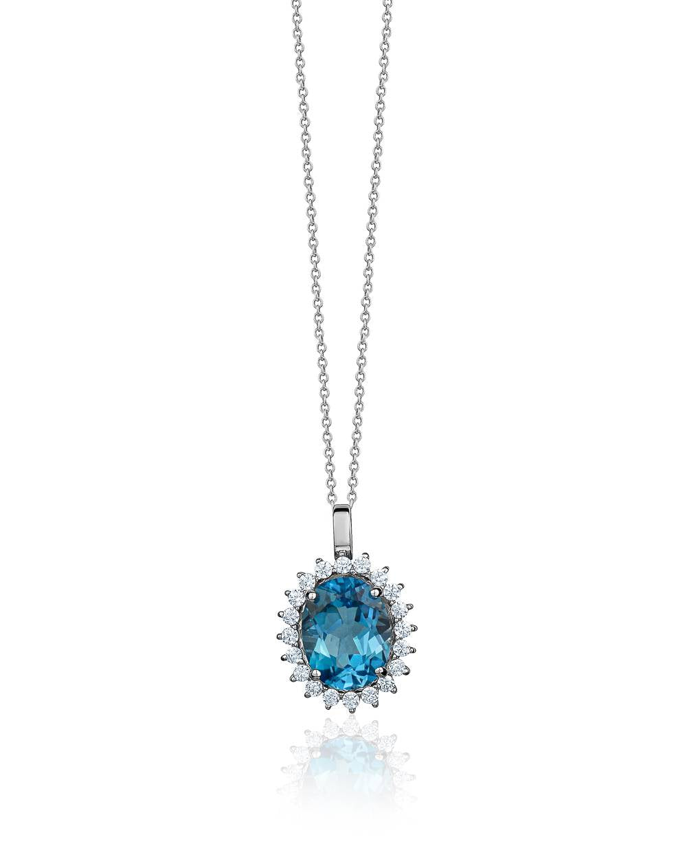 Oval Blue Topaz and Cubic Zirconia Necklace - Sterling Silver Pendant & Chain