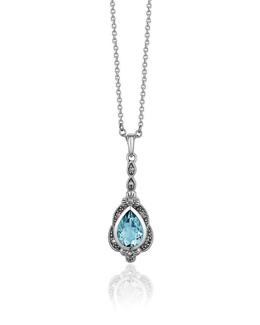 Marcasite and Teardrop Blue Topaz Pendant - Antique Design with Chain - P320BTF