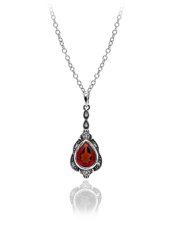 Marcasite and Garnet Teardrop Pendant - Antique Design with Chain - P320GFA