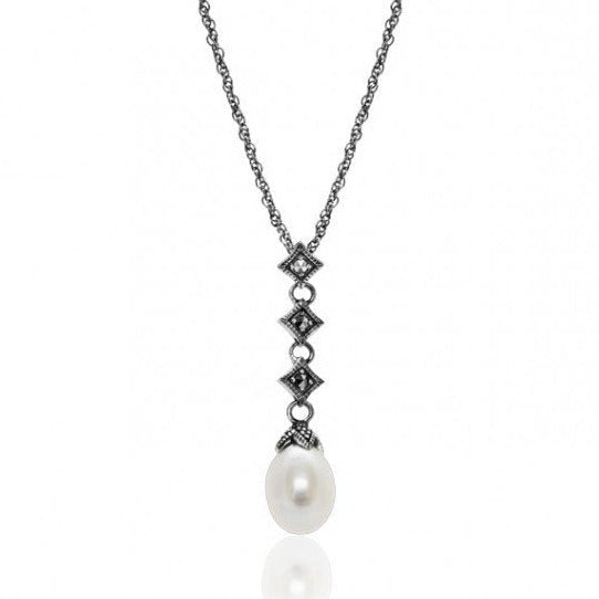 Marcasite and White Freshwater Pearl Pendant with Chain - N287CFP