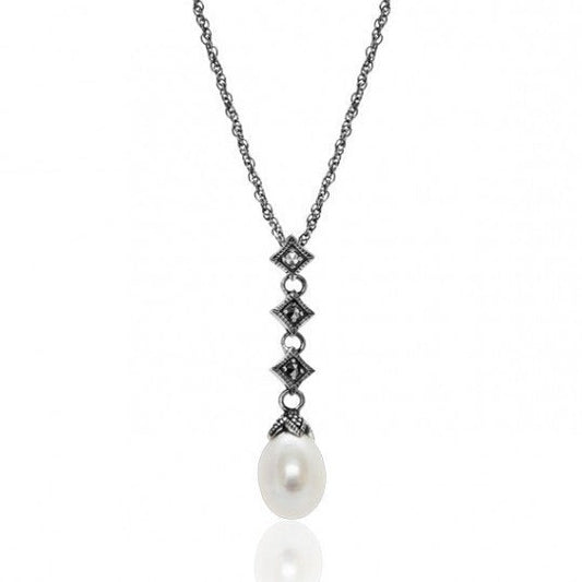 Marcasite and White Freshwater Pearl Pendant with Chain - N287CFP