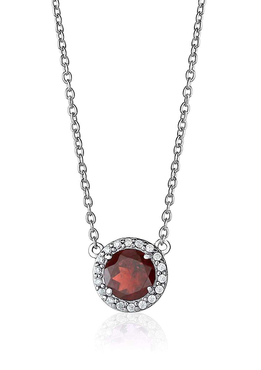 Garnet and Cubic Zirconia Halo Necklace - Sterling Silver Pendant & Chain