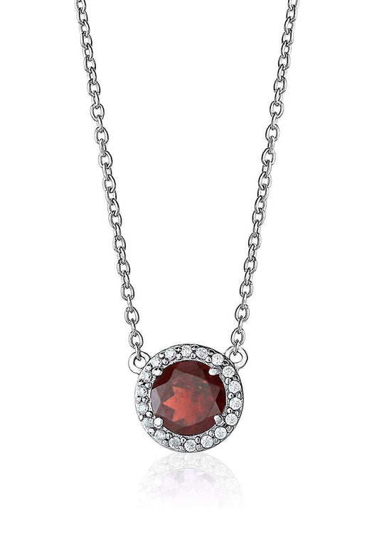 Garnet and Cubic Zirconia Halo Necklace - Sterling Silver Pendant & Chain