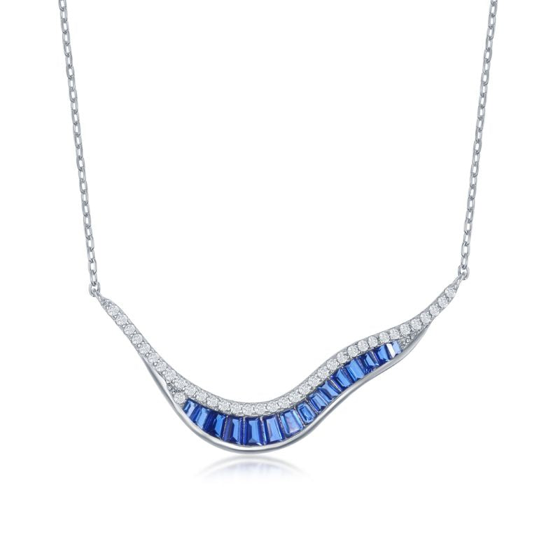 Modern Wavy Bar Necklace with Baguettes and Clear Cubic Zirconias - Sterling Silver