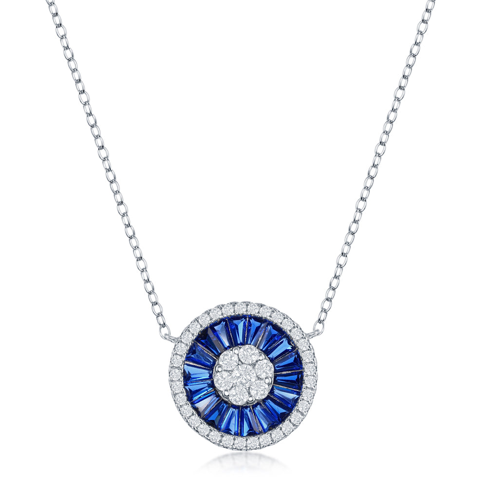 Art Deco Round Pendant Sterling Silver - with Blue Baguette and White Cubic Zirconias