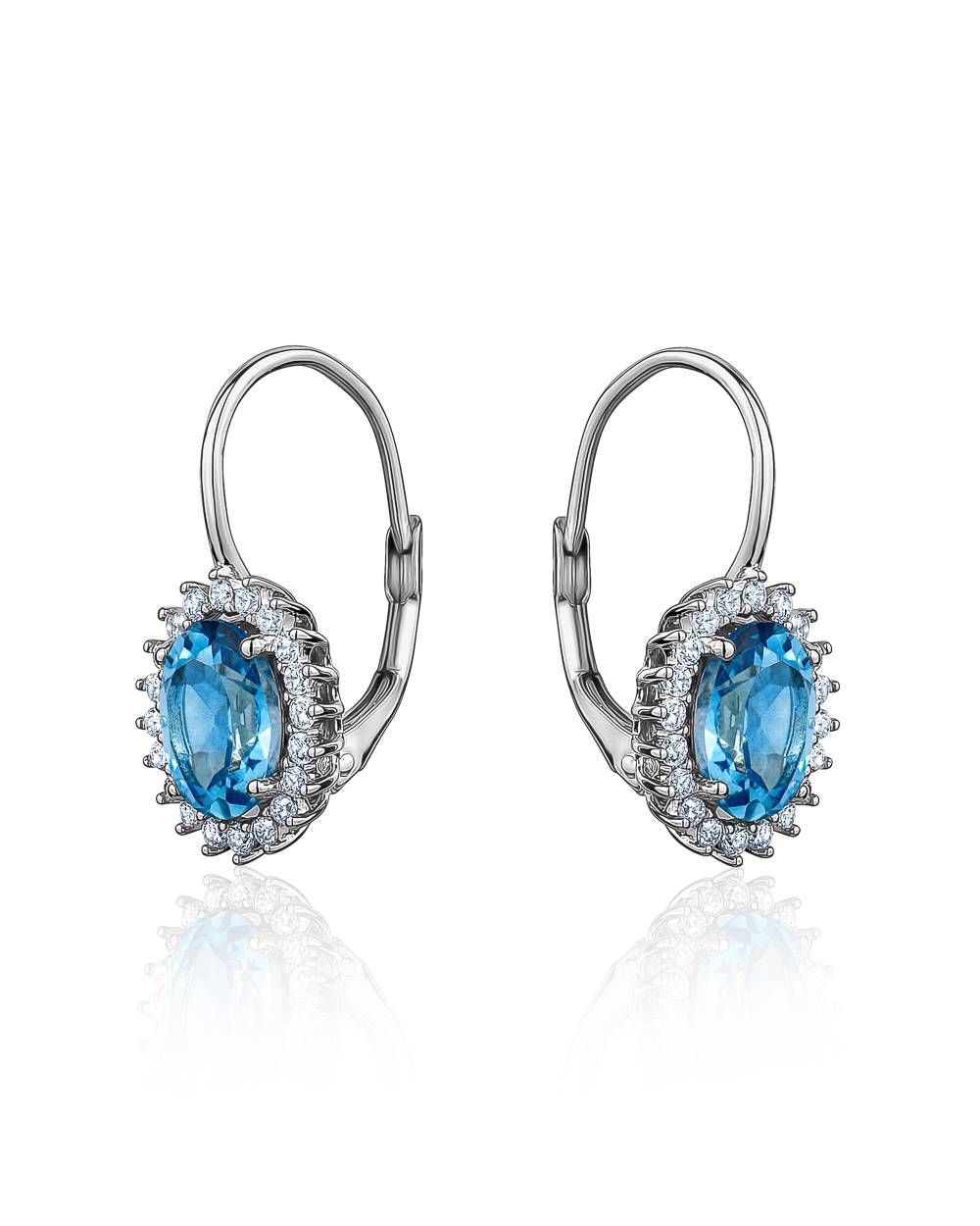 Blue Topaz and Cubic Zirconia Halo Leverback Earrings - Sterling Silver