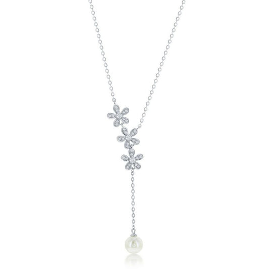 Pearl Y-Necklace in Sterling Silver with Three Flowers - M-6920