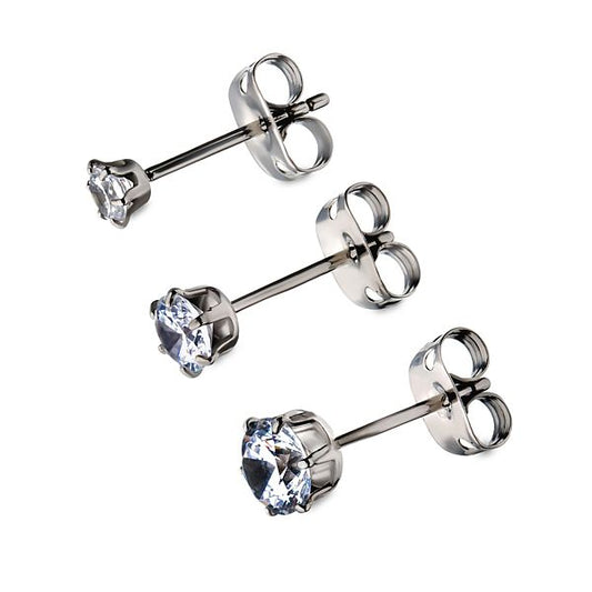 Titanium Studs with Claw-set Clear Cubic Zirconias - 3 Sizes to Choose From