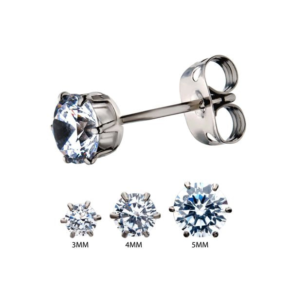 Titanium Studs with Claw-set Clear Cubic Zirconias - 3 Sizes to Choose From