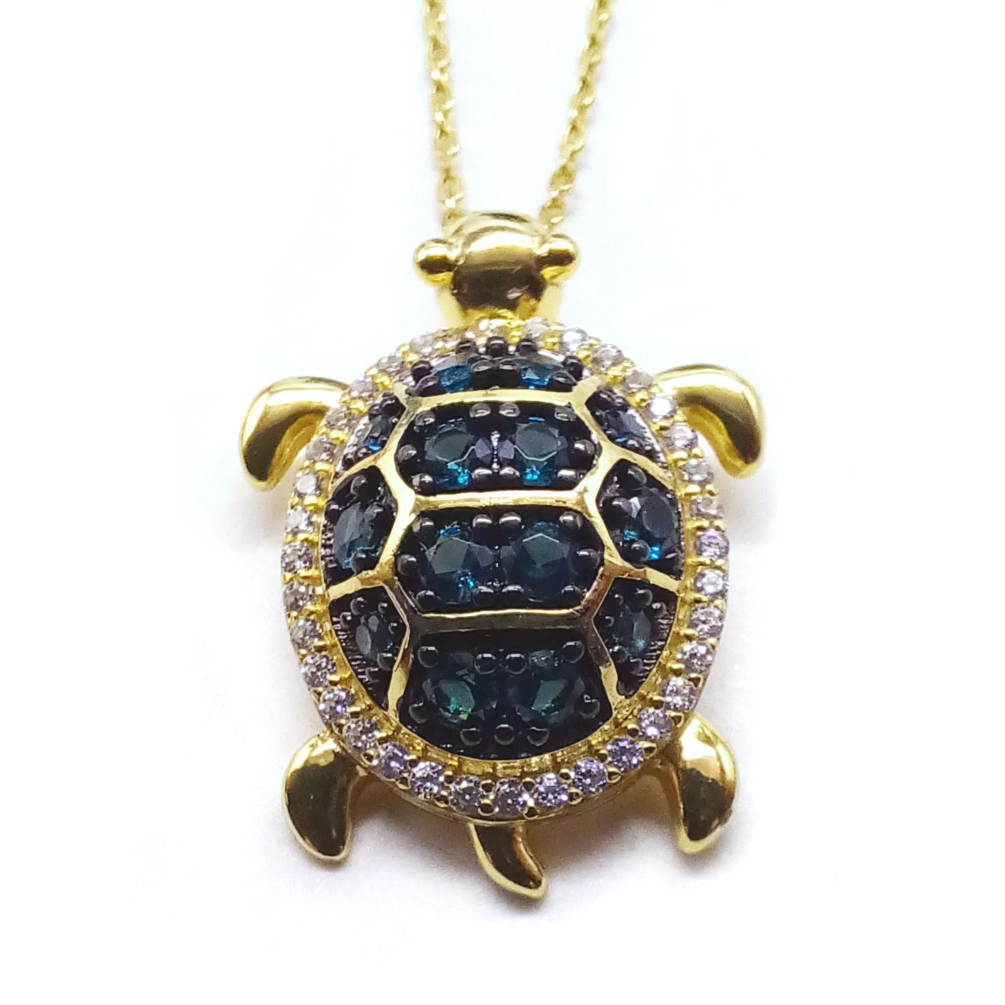 Sterling Silver Gold plated Turtle Pendant with Blue Gems