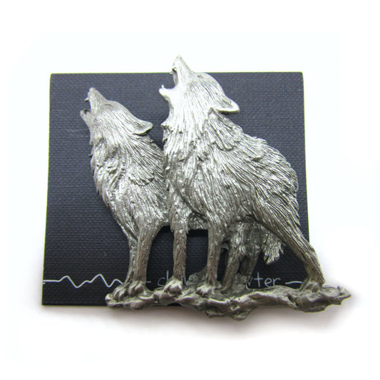 Chelsea Pewter Brooch - Two Detailed Wolves Howling at the Moon - Jonette Jewelry