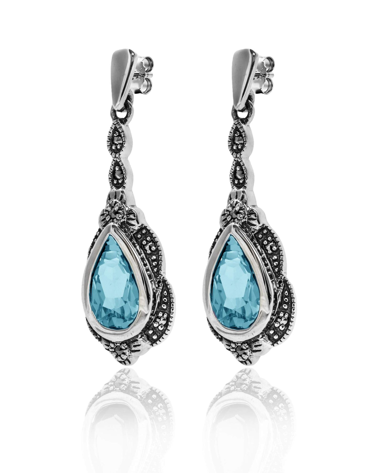 Antiqued Blue Topaz Teardrop and Marcasite Earrings - Sterling Silver