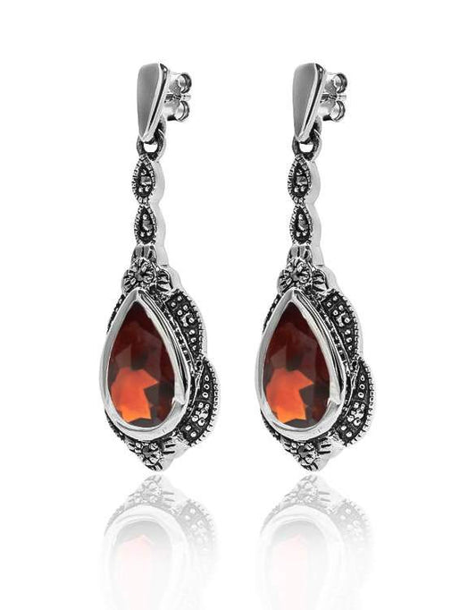 Antiqued Garnet Teardrop and Marcasite Earrings - Sterling Silver