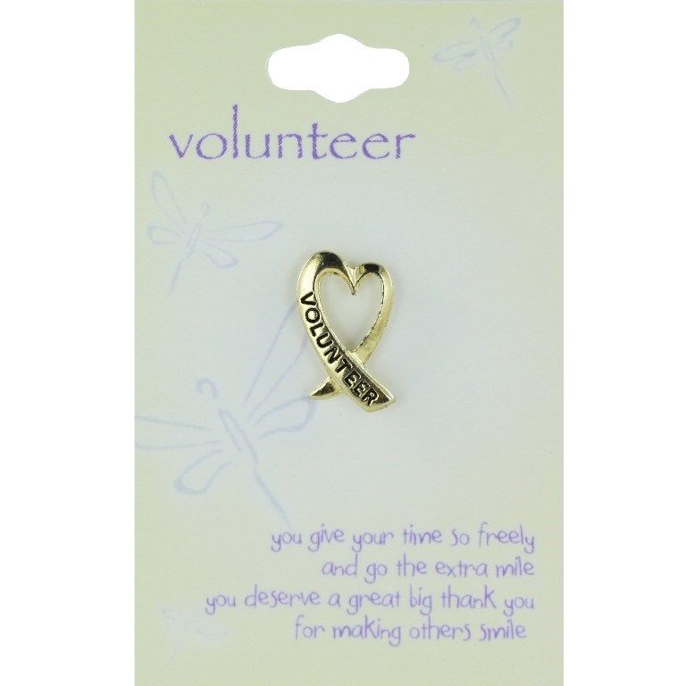 Small Gold-plated Heart Ribbon Pin - VOLUNTEER - Chelsea Pewter