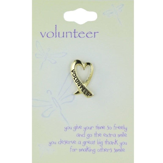 Small Gold-plated Heart Ribbon Pin - VOLUNTEER - Chelsea Pewter