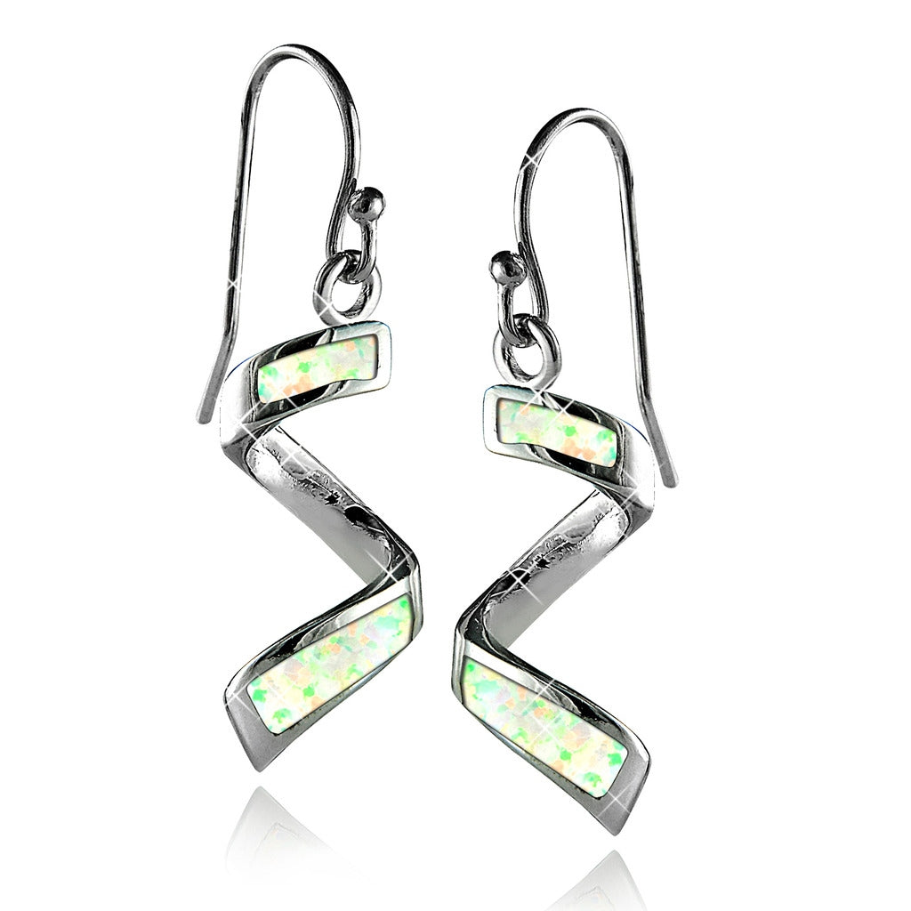 Sterling Silver Corkscrew Dangle Earrings with Opal Inlay - OE-2008