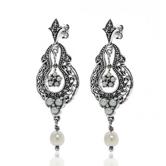 Marcasite and Seed Pearl Dangle Earrings